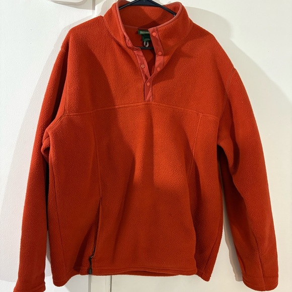 LL Bean Men’s Fleece Quarter Button Up Pullover Orange Sz LT Outdoor Zip Pockets - Picture 1 of 12